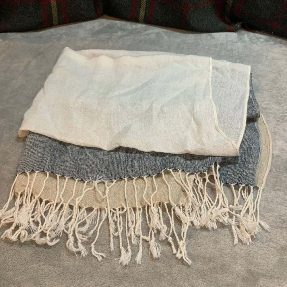 Colorblock Woven Fringe Scarf Cream Navy Beige Pink Lightweight Wrap Accessory